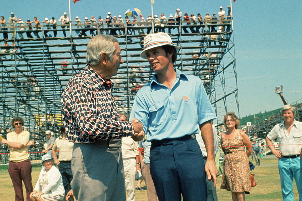 Henry Cotton congratulates Mark Hayes on his 63 at Turnberry in 1977